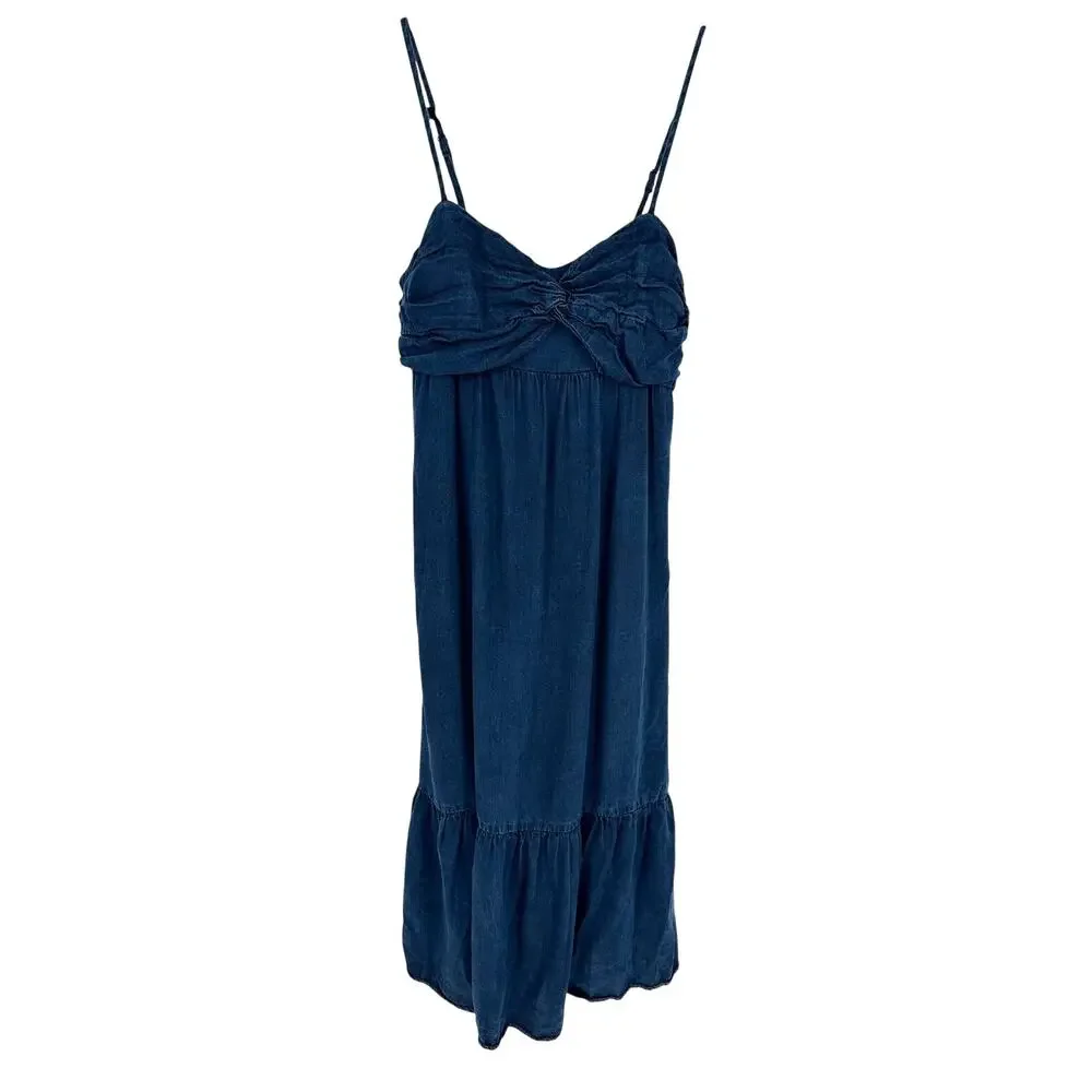 Banana Republic Dress 8 Blue Chambray Front Knot Tiered Midi Summer Beach